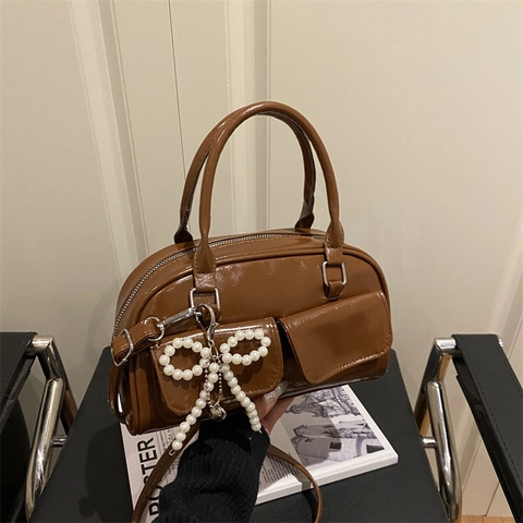 Damen Retro Boston Handtasche Große Kapazität PU Leder Schulter Umhängetasche Mit Künstliche Perle Bogen Charme Mode Pendeln Satchel
