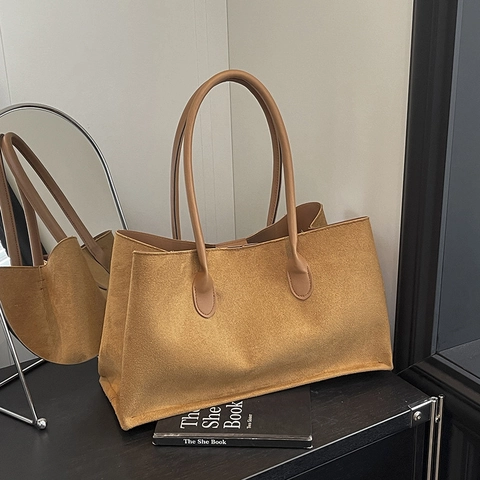 Vintage Faux Suede Large Capacity Tote Bag For Women Minimalist Solid Color Zipper Shoulder Bag Commuter Underarm Handbag
