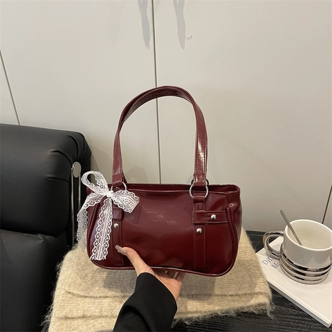 Vintage Baguette Tasche Aus Glänzendem PU Leder Mit Weißer Spitzenschleife Große Umhängetasche Für Damen Retro Lässig Handtasche