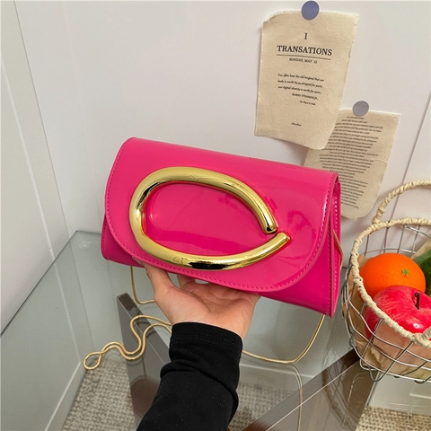 Women Patent PU Leather C Buckle Chain Shoulder Bag Fashion Glossy Crossbody Square Handbag Urban Daily Minimalist Purse
