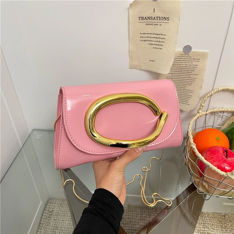 Women Patent PU Leather C Buckle Chain Shoulder Bag Fashion Glossy Crossbody Square Handbag Urban Daily Minimalist Purse