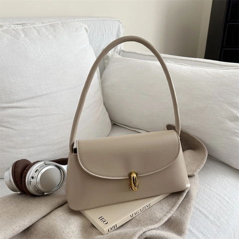 Bolso de Axila para Mujer Retro Francés Minimalista Color Sólido Cuero PU Bolso de Hombro Con Hebilla Metálica Elegante