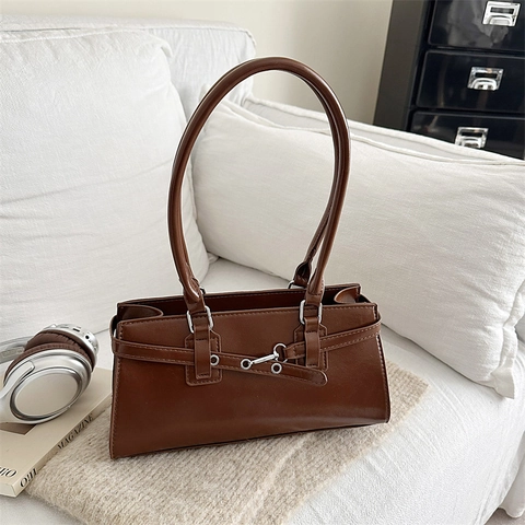 Bolso de Hombro de Cuero PU Vintage para Mujer Gran Capacidad Color Sólido Minimalista Commuter Bolso de Axila Moda Casual