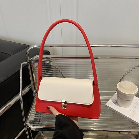 Dames Retro Kleurblok PU Leer Schoudertas Okseltas Minimalistisch Hoge Capaciteit Metalen Gesp Dagelijks Woonwerkverkeer Handtas