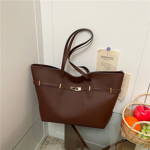 Bolso Tote de Cuero PU de Gran Capacidad Minimalista para Mujer Color Sólido Bolso de Hombro Retro para Conmutar con Hebilla de Metal