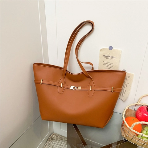 Bolso Tote de Cuero PU de Gran Capacidad Minimalista para Mujer Color Sólido Bolso de Hombro Retro para Conmutar con Hebilla de Metal