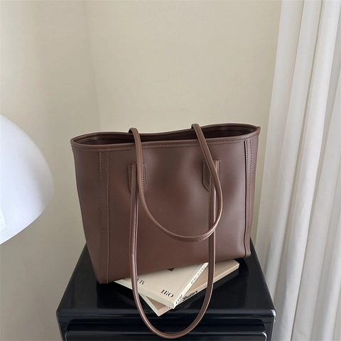 Dames Retro Grote Capaciteit PU Leren Tote Bag Mode Minimalistisch Woon-werkverkeer Schoudertas Contrastkleur Handtas