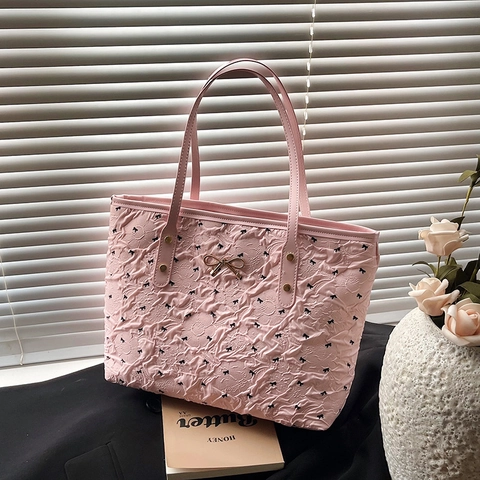 Borsa Tote in Tessuto a Bolle con Motivo a Fiocco Grande Capacità Urban Minimalista Manico in Pelle PU Borsa a Spalla Donna