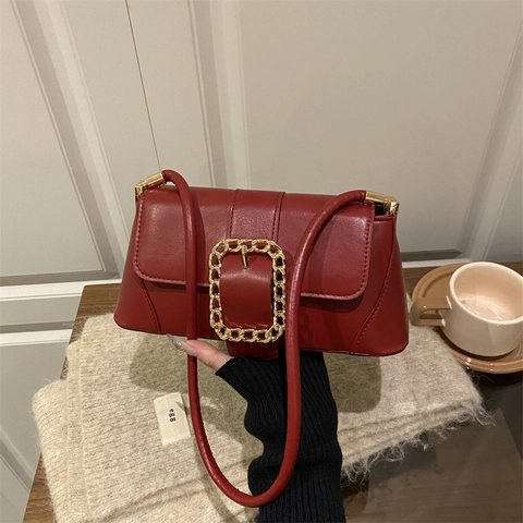 Bolso de Axila de Estilo Francés para Mujer Moda Color Sólido Cuero PU Bolso de Hombro Con Hebilla de Cadena Dorada Grande