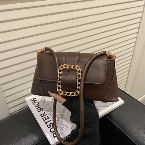 Bolso de Axila de Estilo Francés para Mujer Moda Color Sólido Cuero PU Bolso de Hombro Con Hebilla de Cadena Dorada Grande