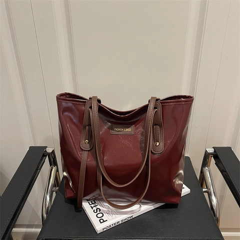 Moda Mujer Brillante PU Cuero Bolso Tote Minimalista Gran Capacidad Bolso de Hombro Color Sólido Casual Diario Conmutar Bolso