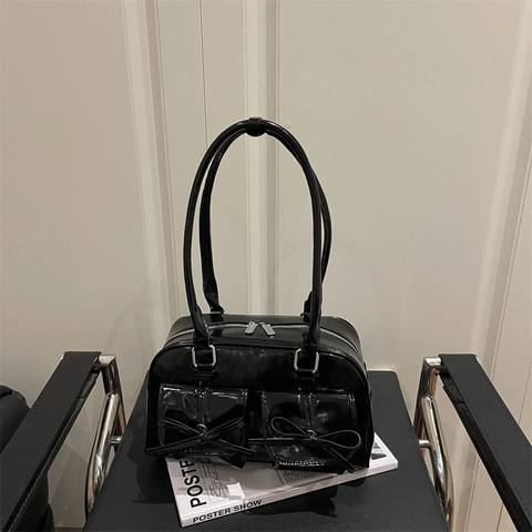 Borsa a Tracolla Sottoascella Retro in Pelle PU Con Fiocco per Donna Grande Capacità Finitura Lucida Moda Y2K Borsa a Mano Chic Urbana