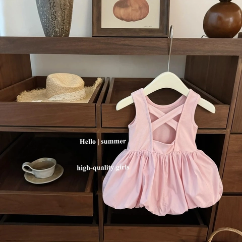 Mädchen Sommer Rosa Süß Rückenfreies Prinzessinnenkleid Für Kleinkinder Baumwolle Bubble Saum Ärmellose A-Linie Party Sonnenkleid