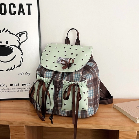 Zaino Coreano Preppy Verde Menta a Quadri Con Fiocco Carino Motivo a Stelle Borsa da Scuola per Studenti Zaino da Viaggio in Nylon