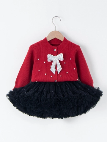 Set Maglione Capodanno Natale per Bambine Tutù Gonna Fiocco con Paillettes e Strass Cardigan a Maglia Outfit Principessa