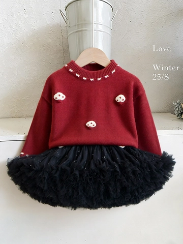 Tenue pour Fille avec Haut à Manches Longues en Tricot et Écusson Champignon et Jupe Tutu en Maille à Volants pour Noël Nouvel An Fête Vêtements Mignons pour Enfants