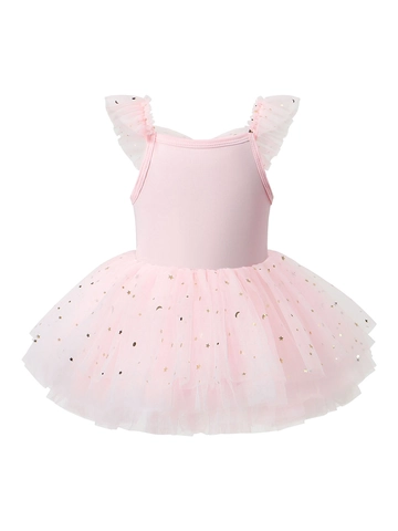 Vestito Tutù Body da Balletto per Ragazze in Poliestere Stampa Stella Luna Paillettes Volant Danza Esibizione Festa Principessa
