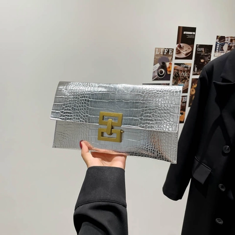 Damen Mode Krokodil Geprägte PU Leder Umschlag Clutch Große Kapazität Metallschnalle Schulter Crossbody Tasche Handtasche