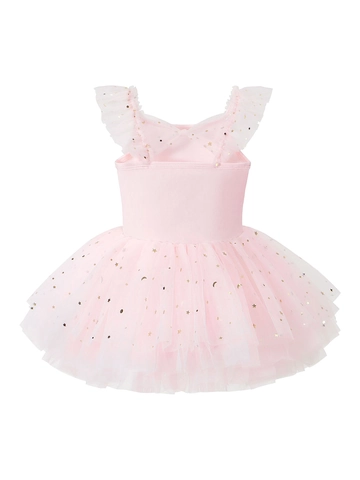 Vestito Tutù Body da Balletto per Ragazze in Poliestere Stampa Stella Luna Paillettes Volant Danza Esibizione Festa Principessa