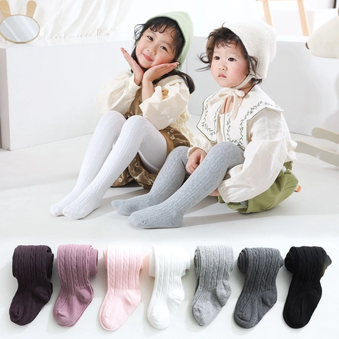 Kids Girls Combed Cotton Cable Knit Tights Solid Color Ribbed Leggings Breathable Autumn Spring Footed Pantyhose
