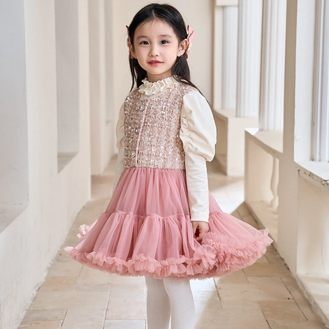 Maglietta a Maniche Lunghe in Cotone Dolce per Bambina Beige con Colletto a Volant e Maniche a Sbuffo in Maglia
