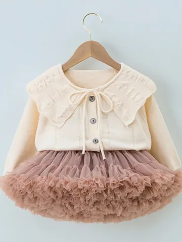 Mädchen Strickjacke Und Tutu Rock Set Prinzessin Rüschenkragen Langarm Top Tüllrock 2-Teiliges Kinder Herbst Outfit