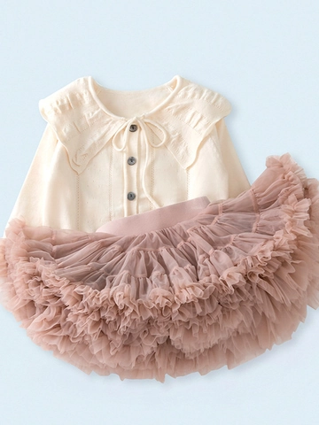 Mädchen Strickjacke Und Tutu Rock Set Prinzessin Rüschenkragen Langarm Top Tüllrock 2-Teiliges Kinder Herbst Outfit