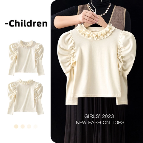 Maglietta a Maniche Lunghe in Cotone Dolce per Bambina Beige con Colletto a Volant e Maniche a Sbuffo in Maglia