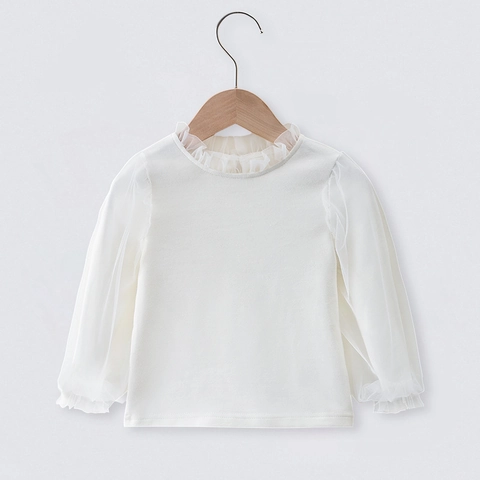 Maglietta a Maniche Lunghe in Cotone da Ragazza Dolce Patchwork in Rete di Pizzo Sottogiacca Top Bianco per Bambini