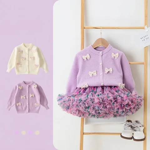 Gilet en Tricot de Coton Style Coréen pour Filles Pull Avec Nœud Doux Et Boutons de Perle Haut à Manches Longues Automne