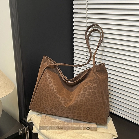 Retro Leopardenmuster Wildleder Tote Bag Damen Große Kapazität Pendeln Einzel Schulter Achsel Tasche Herbst Winter Lässige Handtasche