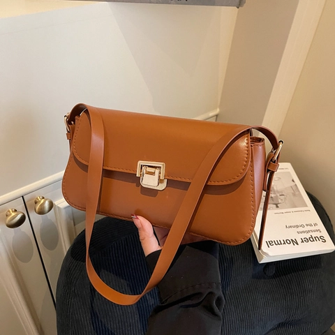 Vintage Minimalistische PU Leder Schultertasche Für Damen Quadratische Baguette Tasche Mit Gold Metall Verschluss Mode Handtasche