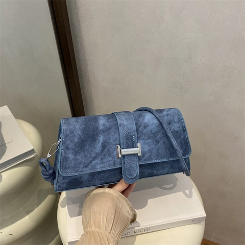French Minimalist Solid Color PU Suede Texture Shoulder Underarm Bag For Women Large Capacity H Buckle Baguette Crossbody Bag