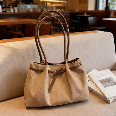 Large Capacity PU Suede Texture Tote Bag Retro Casual Shoulder Bag With Buckle Commuter Handbag For Women Solid Color Bag