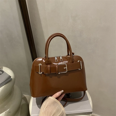 Fashion Large Capacity Women PU Leather Shoulder Bag Retro Designer Handbag With Belt Buckle Decor Solid Color Tote Bag