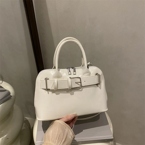 Fashion Large Capacity Women PU Leather Shoulder Bag Retro Designer Handbag With Belt Buckle Decor Solid Color Tote Bag