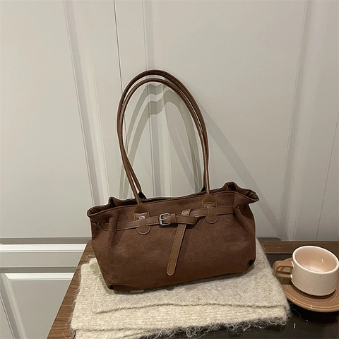 Vintage PU Suede Τσάντα Ώμου Για Γυναίκες Μεγάλη Χωρητικότητα Ματ Tote Bag Με Κρεμαστό Χάντρα Κομψή Ρετρό Τσάντα