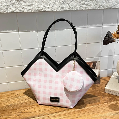 Borsa Tote da Donna a Quadretti Grande Capacità in Pelle PU Borsa a Tracolla E Mini Portamonete Rotondo Gingham Moda Pendolare