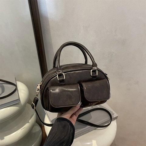 Vintage PU Leder Boston Schultertasche für Damen Große Kapazität Handtasche mit Doppeltaschen und Abnehmbarem Schultergurt