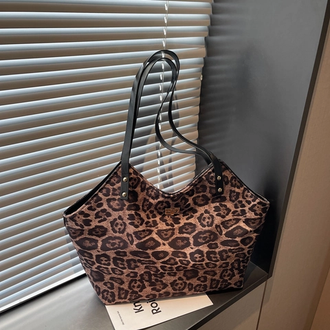 Damen Mode Leopardenmuster Shopper Große Kapazität PU Leder Schultertasche Retro Casual Bedruckte Handtasche Mit Metallschloss