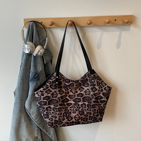Damen Mode Leopardenmuster Shopper Große Kapazität PU Leder Schultertasche Retro Casual Bedruckte Handtasche Mit Metallschloss