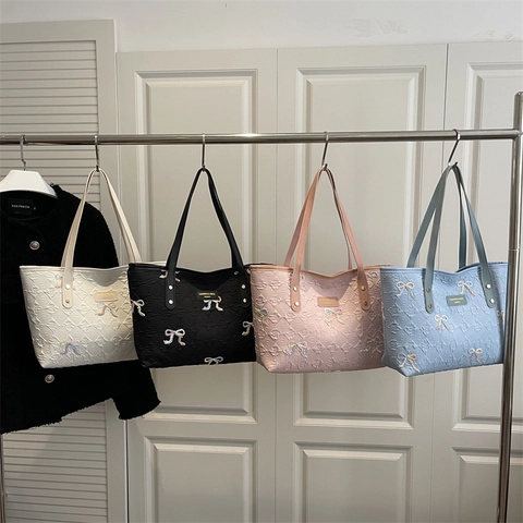 Damen Große Kapazität Tote Bag Rautenmuster Bestickte Schleife Kunstleder Schultertasche Für Pendeln Casual Daily Wear