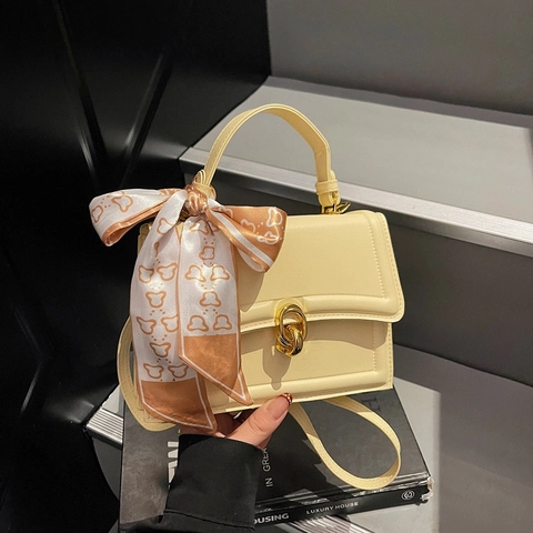 Elegante PU Leren Kleine Vierkante Tas Voor Dames Met Decoratieve Zijden Sjaal Stijlvolle Schouder Crossbody Handtas Goud Slot