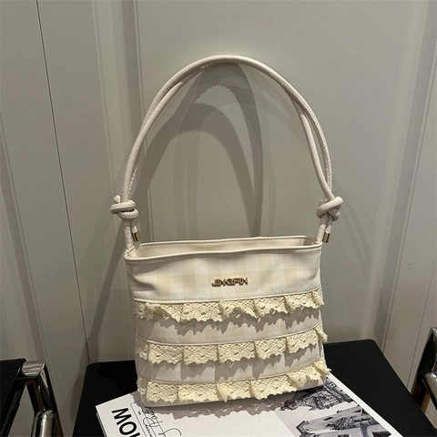 French Style Cream White Lace Crossbody Bag For Women Sweet Checkerboard Pattern PU Leather Shoulder Bag Fashion Handbag