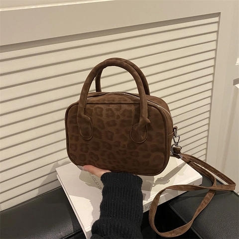 Women PU Leather Leopard Pattern Shoulder Bag With Plush Pendant Urban Simple Baguette Bag Crossbody Handbag Zipper Closure