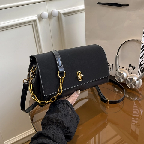Vintage PU Leather Shoulder Bag For Women Light Luxury Metal Lock Square Crossbody Bag With Fashion Gold Chain Strap