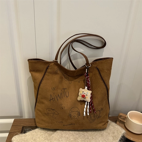 Borsa Tote in Pelle Sintetica con Stampa Graffiti Cartoon Borsa a Spalla Vintage Pendolare per Donna con Ciondolo