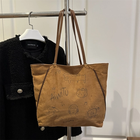 Borsa Tote in Pelle Sintetica con Stampa Graffiti Cartoon Borsa a Spalla Vintage Pendolare per Donna con Ciondolo