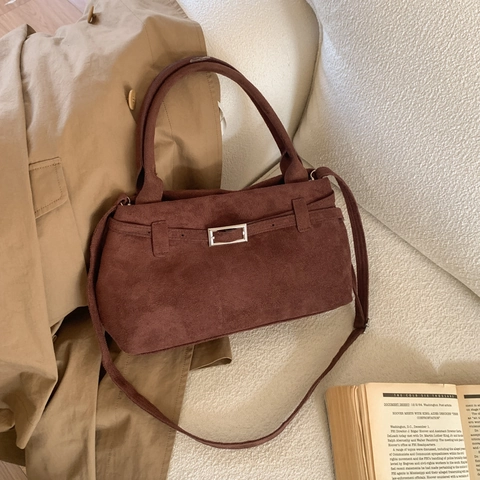 Borsa Tote in PU Scamosciato Vintage per Donna Borsa a Spalla Minimalista Cucita di Grande Capacità con Fibbia in Metallo Autunno Inverno