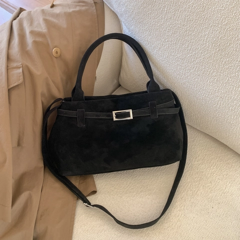 Borsa Tote in PU Scamosciato Vintage per Donna Borsa a Spalla Minimalista Cucita di Grande Capacità con Fibbia in Metallo Autunno Inverno